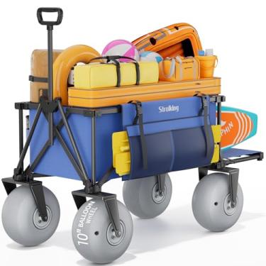 Imagem de Strolking Carroça de praia de 129 cm com roda de balão de poliuretano de 25,4 cm, carrinho de praia de 199 kg com porta traseira, vagão dobrável para areia, grama e cascalho, azul (bomba incluída)