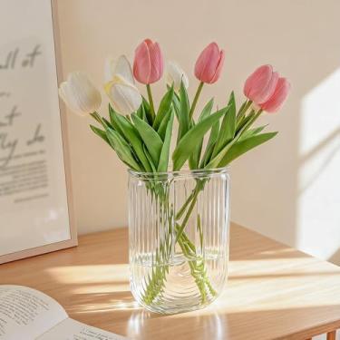 Imagem de GarDream Vaso de vidro transparente para flores, vaso de flores canelado em forma de U para centros de mesa, buquê, vasos de decoração de casa 19 cm, vasos de vidro boho modernos para sala de estar