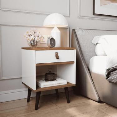 Imagem de Mesa de Cabeceira Mesinha Para Quarto 1 Gaveta Puxador em Couro Ravenn