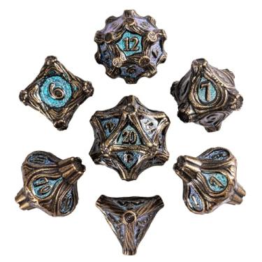 Imagem de HDdais 7 Piece Metal DND Dice Bronze Metal Dice Set D&D with Leather Bag for Role Playing Game and Board Game (Blue)