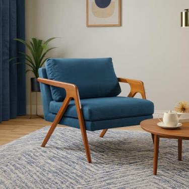 Imagem de Poltrona Mona Luxo em Madeira Estofada em Linho - Azul