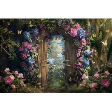 Imagem de YongFoto Fundo de floresta encantada, 2,1 x 1,5 m, conto de fadas, país das maravilhas porta de madeira, caminho, flores, borboleta, fotografia, fundo, banner, decoração, retratos, sessão de fotos