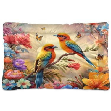 Imagem de Wassud Duas Pássaros Flores Coloridas Caixote Tapete Lavável para Cães e Gatos, Almofada de Cama Antiderrapante para Viagem Interior e Exterior, 45 x 61 cm