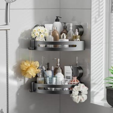 Imagem de Suporte de chuveiro de banheiro, prateleira de canto com ventosa, 2 pacotes de prateleiras de banheiro à prova de ferrugem, organizador de chuveiro sem perfuração, com 4 ganchos, utensílios essenciais