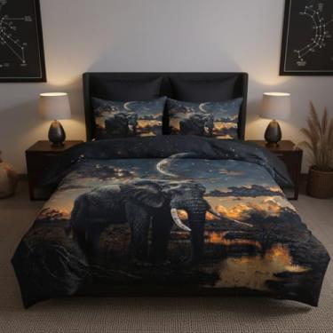 Imagem de CCoutueChen Conjunto de capa de edredom de elefante, tamanho king, animais selvagens, decoração de quarto masculino adulto, 3 peças, 2 fronhas/104 x 90
