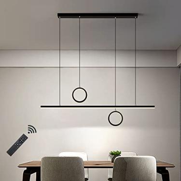 Imagem de Luminária pendente LED moderna para mesa de jantar, com 2 anéis, preta, dimerizável, com controle remoto, design geométrico e altura ajustável, ideal para sala de jantar, quarto e escritório