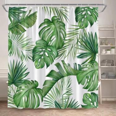 Imagem de Cortina de chuveiro com folhas tropicais, folhas de palmeira verde, monstera, planta, conjunto de cortinas de banho, tecido de poliéster, ganchos para decoração de casa de banho 92 x 214 cm/LxA