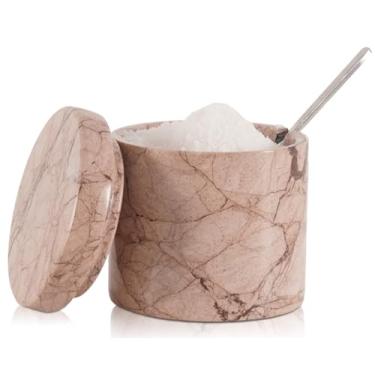 Imagem de SPESHSTONES Adega de sal de mármore com tampa e colher - pote de temperos - armazenamento de cozinha - caixa de sal - recipiente de tempero feito à mão - açucareiro (marina)