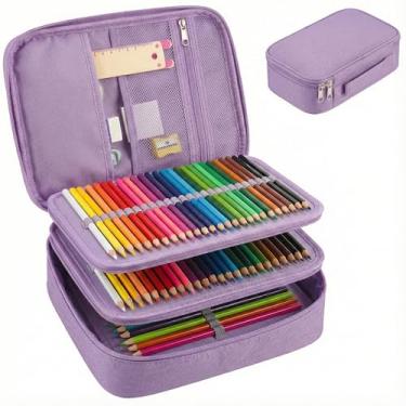 Imagem de Estojo Escolar Box 72 Pens Nylon com Alça – Organizador Jumbo Grande com Divisória e Elásticos – Capacidade até 100 Lápis – Menino e Menina (Lilás)