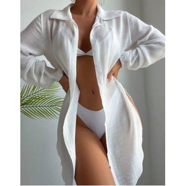 Imagem de Vestido Chemise Feminino Camisão Botões Manga Longa Elegante Saída de 