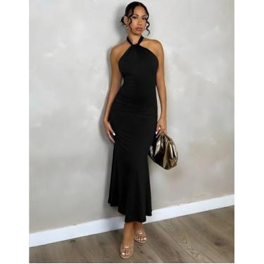 Imagem de Vestido Midi Feminino Frente Única Halter Costas Abertas Elegante - SW