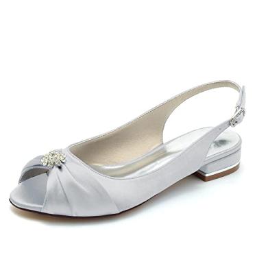 Imagem de Sapatos de casamento feminino para noiva sapatilhas sapatilhas de cetim fivela peep toe sapatos sociais com strass 36-43,Silver,3 UK/36 EU