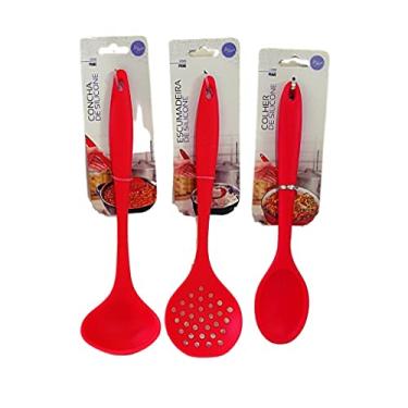 Imagem de Kit Cozinha com 3 Utensilios De Silicone Concha Colher Escumadeira Vermelho