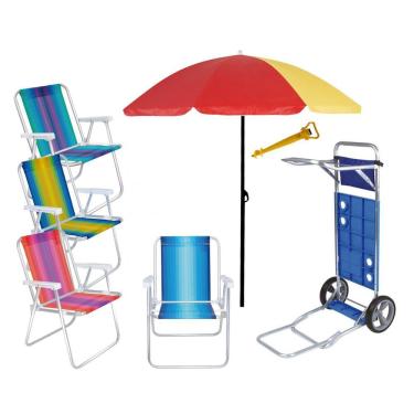 Imagem de Kit Praia Carrinho C/ Avanço + 4 Cadeira Alum Alta + Guarda Sol 1,8m + Saca Areia - Mor