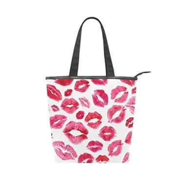 Imagem de Bolsa feminina de lona durável com estampa de lábios rosa e vermelho grande capacidade sacola de compras bolsa de ombro