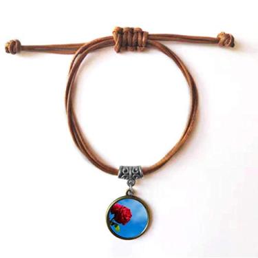 Imagem de DIYthinker Pulseira de couro com rosas vermelhas e folhas verdes, pulseira de couro com corda de esconderijo marrom joia presente