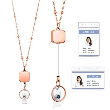 Imagem de Cordões retráteis de carretel de crachá com suportes de identificação [2023 novo], Vzrflee Lanyards para crachás de identificação Nova corrente de contas premium colar de cordão de aço inoxidável para chaves de escritório cruzeiro para mulheres (ouro rosa)