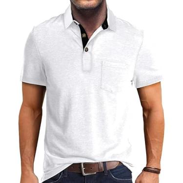 Imagem de Camisa polo masculina atlética de manga curta casual com absorção de umidade camisetas de golfe com colarinho e bolso, Branco, GG