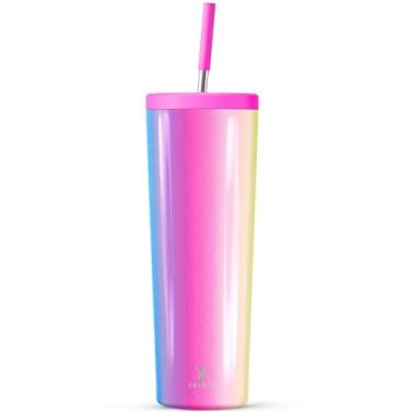 Imagem de Meoky Copo isolado de 850 g com tampa e canudo, copo isolado a vácuo de aço inoxidável, mantém frio por 24 horas, 100% à prova de vazamento, cabe no suporte de copo de carro (Carnaval)