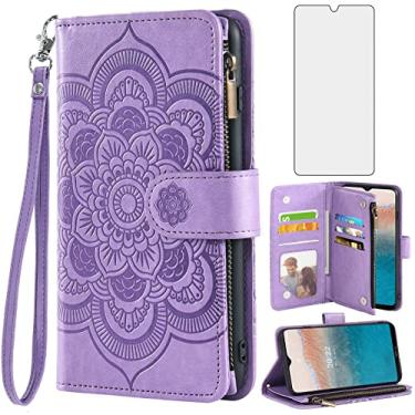 Imagem de Asuwish Capa carteira para Nokia C21 Plus com protetor de tela de vidro temperado e flor de couro flip porta-cartão de crédito suporte fólio TPU acessórios de celular C 21 + C21+ C21Plus mulheres
