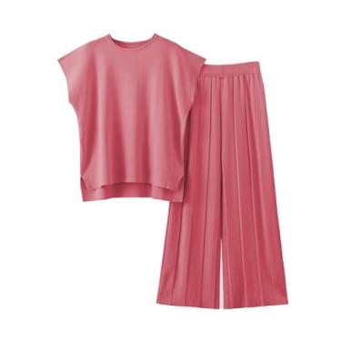 Imagem de Zaxqunty Conjunto de suéter feminino de 2 peças, colete de malha, calça de cintura elástica, Vermelho rosa, X-Small