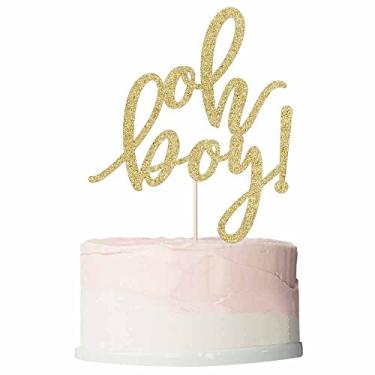 Imagem de Bekaterea Topo de bolo dourado Oh Boy, decoração de bolo de festa de bebê, enfeite de bolo de chá de bebê, revelação de gênero de bebê, suprimentos de decoração de festa de aniversário.