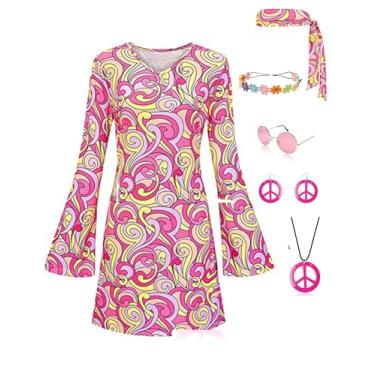 Imagem de Bleoavre 6 peças de roupas femininas dos anos 60 e 70 para fantasia hippie discoteca, sinal de paz, brinco de cabeça (rosa, G)
