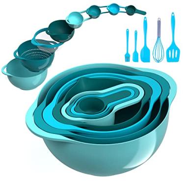 Imagem de Conjunto de 13 tigelas de mistura - conjunto de acessórios de acampamento para trailers, utensílios de cozinha de apartamento de fácil armazenamento, copos medidores inculsantes, peneira de escorredor de tigela grande, raspador, ótimo para cozinhar e assar, livre de BPA