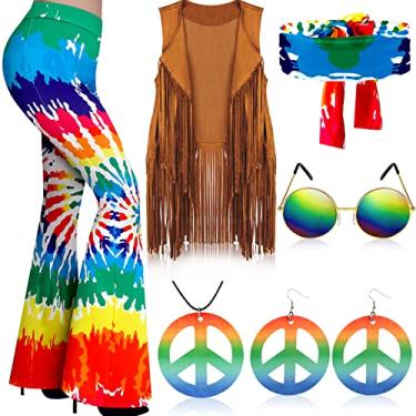 Imagem de Haull Conjunto de 7 peças de roupas femininas hippie discoteca dos anos 60, 70, conjunto de fantasia de Halloween, calça rodada, colete com franja, sinal de paz, Multicor, Large
