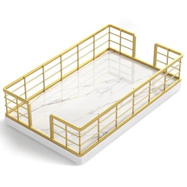 Imagem de Wican Bandeja de suporte de toalha de hóspede de mármore para banheiro, suporte de guardanapos para lavabo mesa de jantar cesta de madeira para toalhas de mão de papel descartáveis ouro e mármore