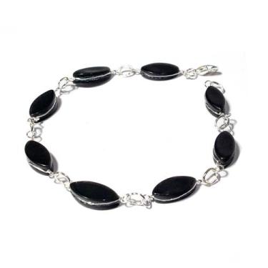Imagem de 1 Pulseira Navete Ranhurado Obsidiana Negra Prateado Atacado - Cristai