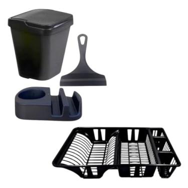 Imagem de Jogo Kit Pia de Cozinha 4 Peças, Escorredor De Louça 12 Pratos + Lixeira 4.8 litros + Porta Detergente + Rodinho