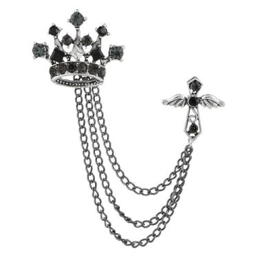 Imagem de coadipress Coroa com corrente suspensa broche para mulheres homens elegantes cavalheiros ouro prata cristal coroa lapela broche vintage strass casamento terno camisa pin acessórios, Middle, Liga de