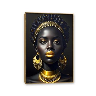 Imagem de Arte de parede afro-americana emoldurada, pôsteres de mulher africana, pintura em tela, preto dourado, emoldurado, para quarto, banheiro, escritório, decoração de casa, moldura de teca 30 x 20 cm (12
