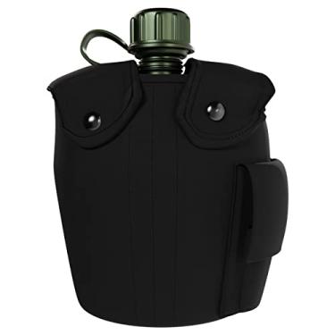 Imagem de BaHoki Essentials Cantil de alumínio com tampa e copo – Kit de garrafa de água estilo militar – para acampamento ao ar livre, mochilão, caminhada (preto)