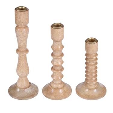 Imagem de Winlay Conjunto de 3 castiçais de madeira, castiçais cônicos, suportes de madeira para mesa, festa, decoração de casa, feriado, castiçal de fazenda de Natal, serve para velas de 0,9 cm de espessura