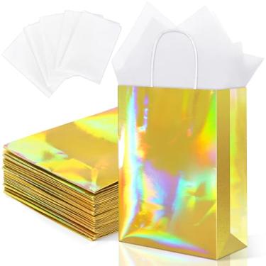 Imagem de MIMIND Pacote com 24 sacos de presente de papel iridescente com alças holográficas para lembrancinhas de festa com papel de seda 20 x 16 x 7 cm com glitter dourado saco de doces para casamento, chá de