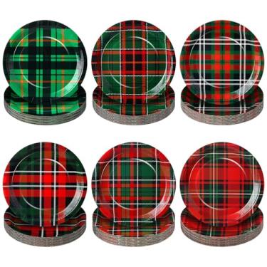 Imagem de LemonRoad 90 peças de pratos de papel de Natal 22,5 cm, pratos xadrez de Natal para salada e sobremesa, utensílios de jantar de Natal para decorações de festas de aniversário, 6 estilos sortidos de