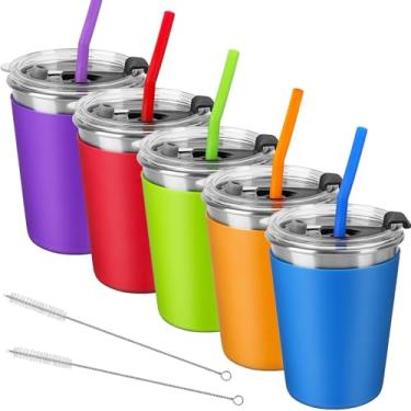 Imagem de Copos infantis com tampas e canudos, copos infantis de 355 ml com canudos e tampas à prova de derramamento para crianças, copos de aço inoxidável para escola, ao ar livre, pacote com 5