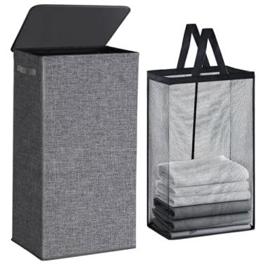 Imagem de Cesto de roupa suja dobrável com tampa 100L, cesto de roupa grande com saco de malha removível para quarto, banheiro, armário, dormitório (cinza)