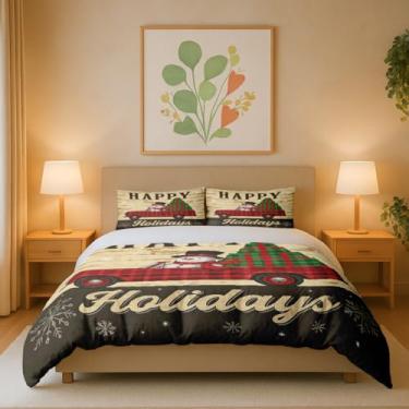 Imagem de Conjunto de capa de edredom de Natal, conjunto de cama de 3 peças "Happy Holidays" com caminhão vermelho, boneco de neve e estampa de presente, capa de edredom macio de inverno com 2 fronhas