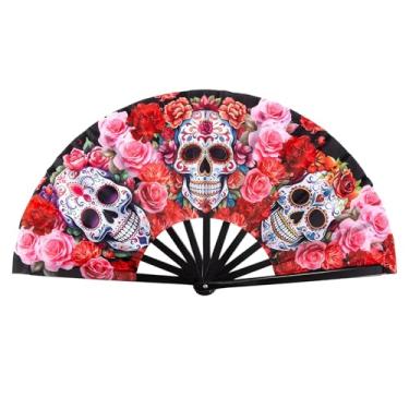 Imagem de Qchengsan Ventilador de rave com brilho UV, design Dia dos Mortos, ventilador de mão dobrável para roupas de festivais, grandes ventiladores portáteis para dança em linha, ventilador de mão rave de 33