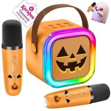 Imagem de Mini máquina de karaokê portátil IROO Bluetooth 2 Mics Pumpkin
