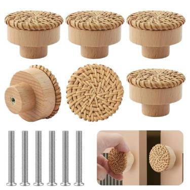 Imagem de Aufee Pacote com 6 puxadores de cômoda de madeira feitos à mão Boho puxadores de gaveta de tecido de vime, puxadores de gaveta de madeira de faia duráveis para decoração de armário, cômoda de berçário
