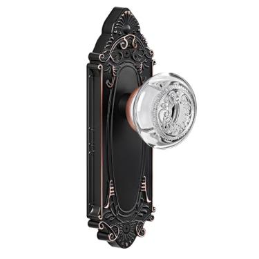 Imagem de CEYMIO Maçaneta de porta de vidro e cristal de luxo com alça de passagem de acabamento em bronze polido a óleo e placa de corte de diamante - para portas interiores de quarto, banheiro, corredor e