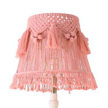 Imagem de JERHOUS Abajur de tecido boho rosa com borlas de sino 7,5``` Top x 12```Bottom x 11``` High (Spider) Persianas médias feitas à mão para luminária de mesa e cabeceira - fácil de montar