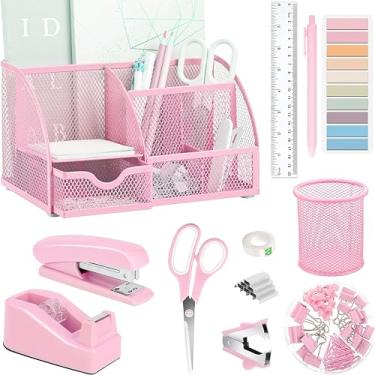 Imagem de Suprimentos de acessórios de mesa de escritório rosa, 12 peças de organizadores de mesa e acessórios com dispensador de fita e grampeador, grampos, removedor de grampo, suporte de caneta, tesoura