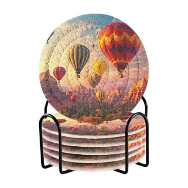 Imagem de Wassud Porta-copos com suporte para balões de ar quente voando conjunto de porta-copos de tecido absorvente para decoração de casa, proteção de mesa, 6 peças