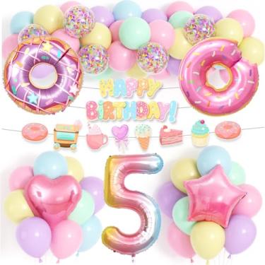 Imagem de ESAG Decorações de aniversário de 5 anos de donut, faixa de balões de donut autodesenhados para meninas, 81 cm, rosa, 5 balões de estrela, coração, balão de alumínio, sorvete, doces, suprimentos de