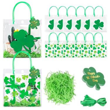 Imagem de AnyDesign Conjunto de 24 sacos de presente transparentes para o dia de São Patrício com alças fita de ráfia trevo da sorte etiqueta trevo verde doces saco de presente de PVC para suprimentos de festa